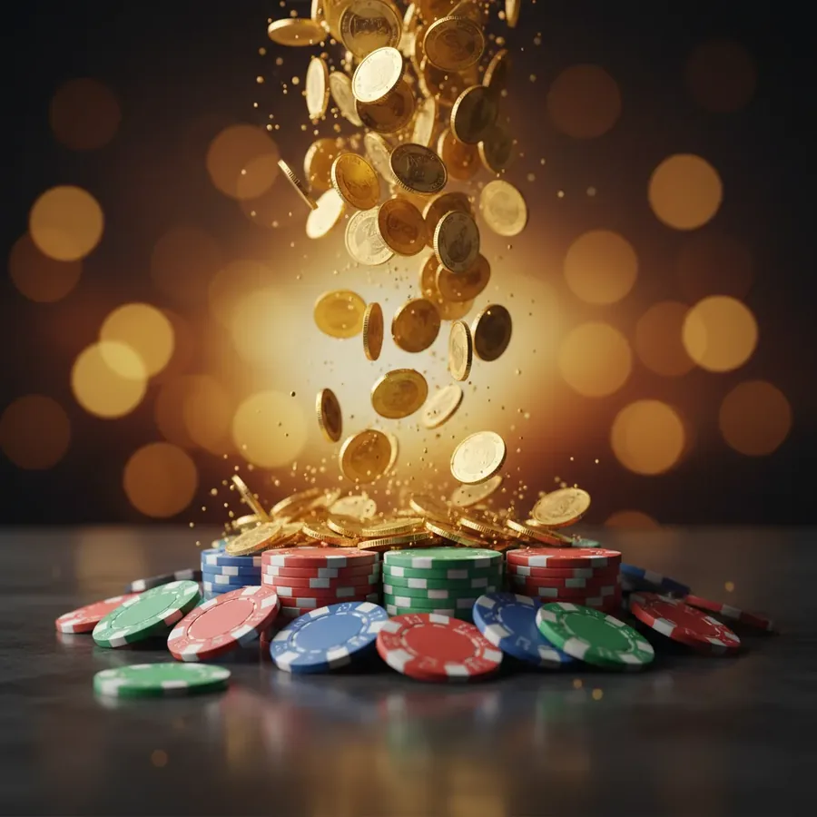 Pluie de pièces d'or sur des jetons de casino empilés