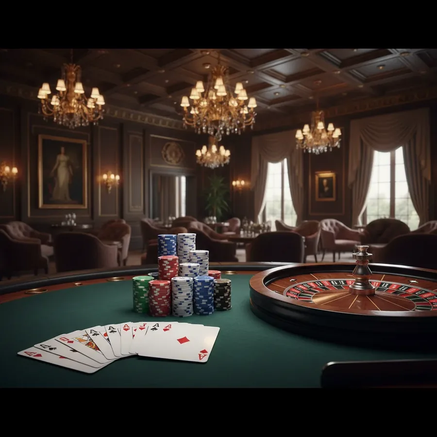 Salle de casino avec table de roulette, piles de jetons et éventail de cartes