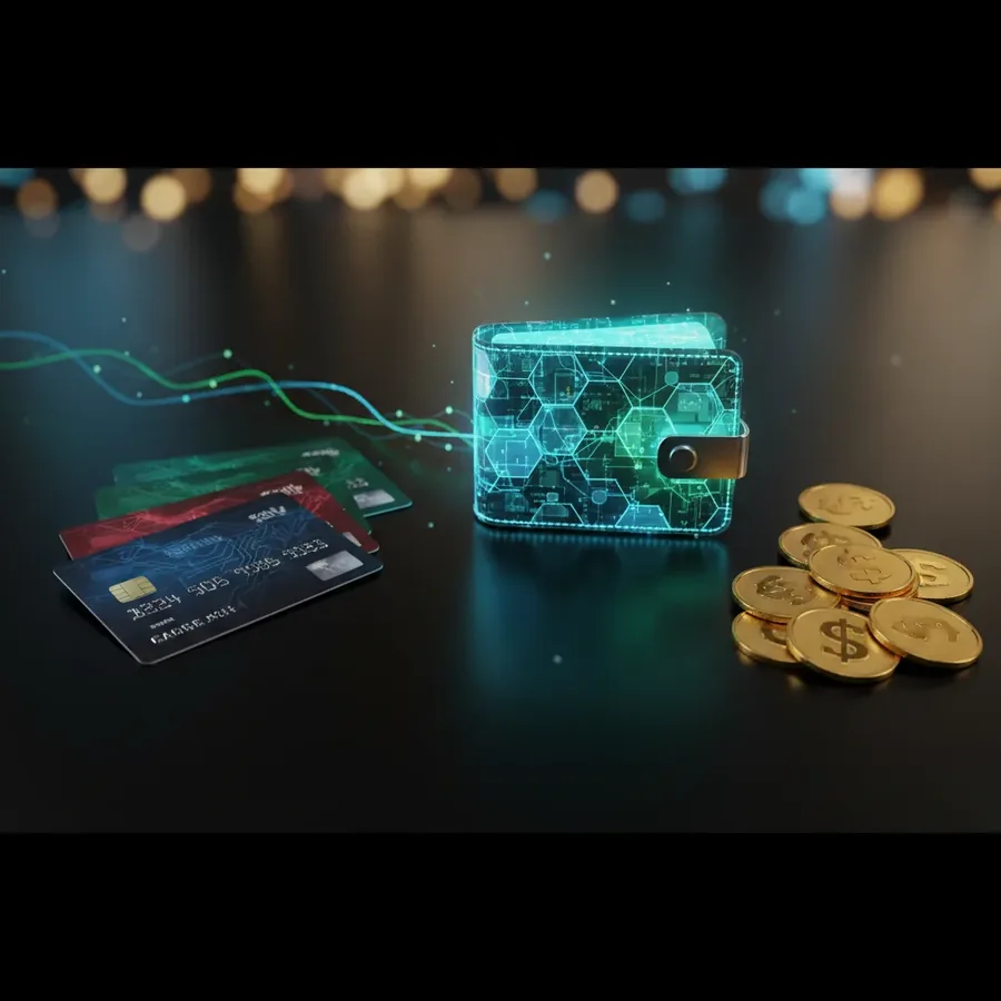 Cartes bancaires, pièces d'or et un portefeuille numérique lumineux
