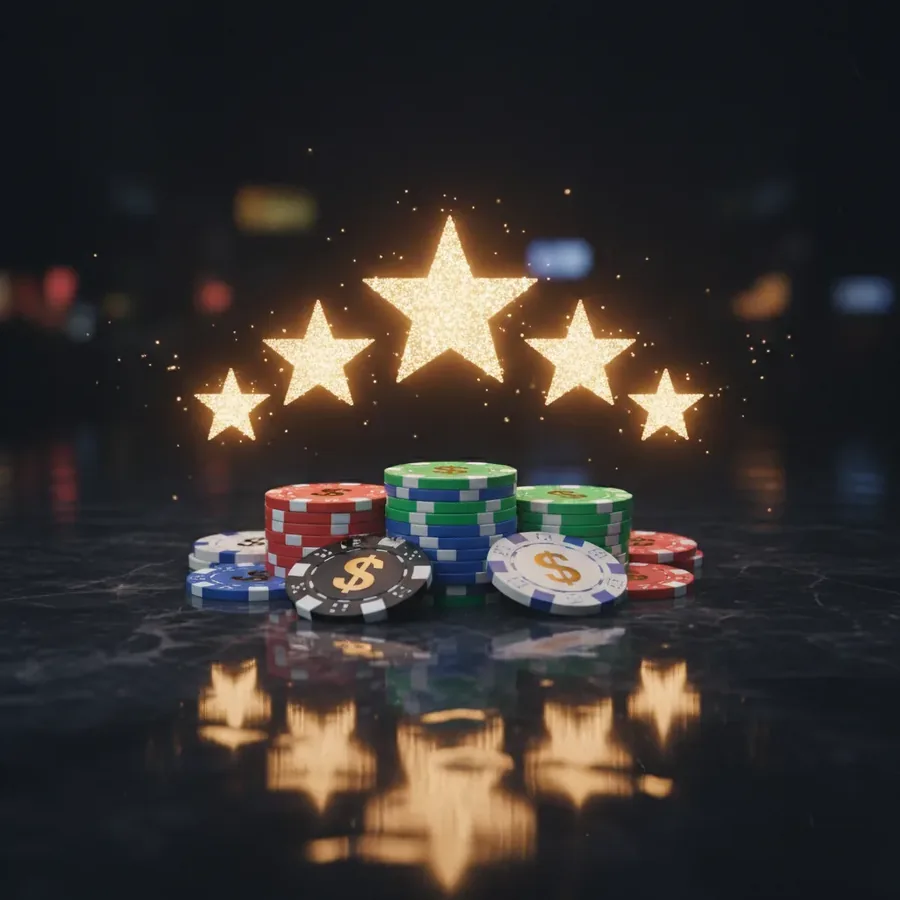 Cinq étoiles dorées lumineuses sur des jetons de casino